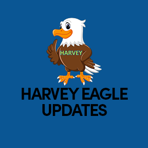 Harvey Eagle Update, eagle mascot on blue background